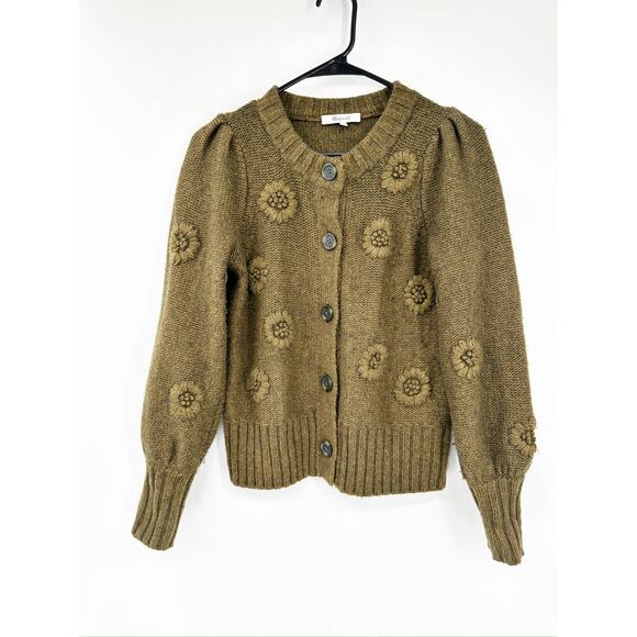 Madewell Embroidered Edencroft Pleat-Sleeve Cardigan Sweater Heather Spinach XS - Picture 4 of 9